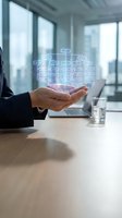 Businessperson holding glowing organizational chart hologram above desk in modern office with city skyline view, representing corporate hierarchy and digital workflow management.