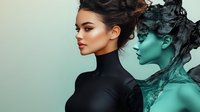 Young woman with dramatic makeup and updo hairstyle in black turtleneck with artistic turquoise double exposure effect creating mysterious profile silhouette.