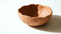 Broken ceramic pottery bowl with cracked edges on white background, handmade clay vessel fragment showing natural terracotta texture for artistic projects.