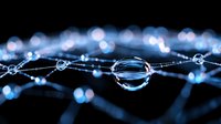 Macro photography of water drops on spider web with blue bokeh background creating magical nature abstract composition with dew droplets in morning light.