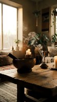 Smoking sage bundle in wooden bowl on rustic table with candles creating peaceful meditation atmosphere in cozy living room with natural sunlight.