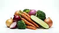 Fresh organic vegetables including broccoli, carrots, onions and cucumber arranged on white background for healthy cooking and nutrition concepts.