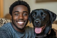 Young African American man in grey sweater smiling with black Labrador retriever dog at home, close up portrait showing happiness and companionship between pet owner and pet.