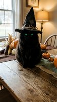 Black cat wearing witch hat sitting on rustic wooden table with autumn pumpkins and corn decorations in cozy home interior for Halloween celebration.
