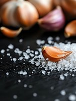 Fresh garlic clove on black background with coarse sea salt crystals, purple and brown garlic bulbs in soft focus background for cooking and food blogs.