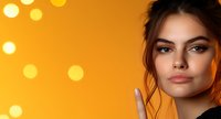 Young Hispanic woman with natural makeup and updo hairstyle gesturing peace sign against vibrant orange background with bokeh light effects. Modern beauty portrait.