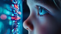 Close-up of woman's eye reflecting digital data stream with blue and pink bokeh lights, representing technology advancement and artificial intelligence concept.