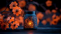 Glowing decorative lantern with intricate pattern casting warm light against dark background with orange cherry blossoms creating magical evening ambiance.