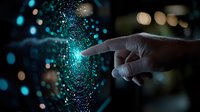 Finger touching glowing digital interface with blue particles and bokeh effects in dark space, creating futuristic technology visualization.