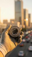 Hand holding camera lens with blurred cityscape and traffic in golden hour sunset light, symbolizing focus, vision, and urban photography perspective.