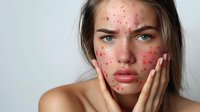 Young Caucasian woman with acne and skin problems touching face against light background, demonstrating common dermatological condition and skincare concerns.