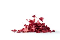 Crushed red metallic pigment powder pile scattered on white background, cosmetic makeup ingredient isolated for beauty product design and packaging.