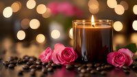 Aromatic candle in glass with pink roses and scattered coffee beans on dark background with golden bokeh lights creating cozy romantic atmosphere.
