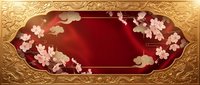 Elegant golden ornate frame with red burgundy center featuring delicate cherry blossom flowers and leaves in soft pink and beige tones for luxury design.