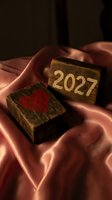 Wooden blocks with red heart and 2027 number held in hands on rose gold satin fabric, symbolizing love and future planning for Valentine's Day, anniversaries, relationships, and romantic occasions.