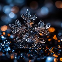 Macro photograph of natural ice crystal snowflake with intricate detailed patterns against dark background with golden bokeh lights creating magical winter atmosphere.
