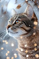 Close-up portrait of tabby cat with amber eyes looking up while snow falls, bokeh light effects create magical winter atmosphere against blurred background.