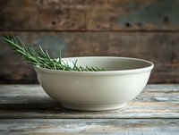 Fresh rosemary sprig in white ceramic bowl on rustic wooden table background, moody natural lighting creates atmospheric food photography setup.