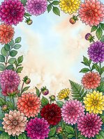 Colorful dahlia flowers frame with green leaves and buds on watercolor background for greeting cards, invitations and floral design projects.