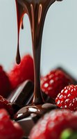 Melted dark chocolate dripping onto fresh red raspberries and chocolate pieces, creating luxurious dessert composition with rich contrast and glossy texture.