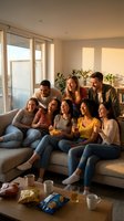 Group of diverse young adults enjoying time together on a couch in a bright, modern living room with natural sunlight streaming through windows, snacks and drinks on table.