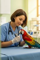 Female veterinarian examining colorful macaw parrot with stethoscope in modern clinic. Professional animal healthcare and exotic bird medical treatment.