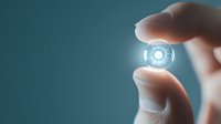Futuristic contact lens with glowing blue light held between fingers against teal background, representing smart technology and vision innovation in healthcare.