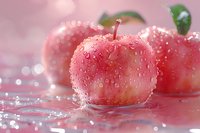 Fresh red apples with water drops on pink background, soft focus macro photography with bokeh effect and reflective surface creates dreamy atmosphere.