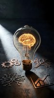Light bulb with glowing brain filament surrounded by gears and circuit patterns representing innovation, creativity and intelligent technology solutions.