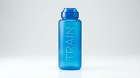 Bright blue water bottle with TRAIN text engraved on front, isolated on white background, ready for design mockups, product presentations, and fitness-related graphics.
