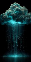 Luminous turquoise cloud with glowing rain drops falling against dark background. Digital art concept for technology, data transfer, and futuristic designs.