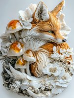 Mystical red fox portrait surrounded by white mushrooms and delicate flowers, artistic nature composition in orange and white tones on gray background.