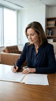Professional businesswoman signing legal documents at modern office desk with natural lighting for corporate and legal services.