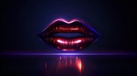 Glowing neon lips with metallic red surface reflecting on dark background with purple light effect, creating futuristic and sensual mood for beauty and cosmetic designs.