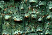 Extreme close-up of green reptilian skin texture with intricate scales, water droplets, and natural patterns creating an abstract organic background. Suitable for nature designs.