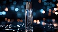 Luxury fragrance bottle with sparkling crystals inside on reflective surface against blurred bokeh lights background, elegant cosmetic product photography.