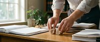 Professional businessman hands arranging wooden alphabet blocks spelling GOALS on office desk with documents and natural window light for business planning.