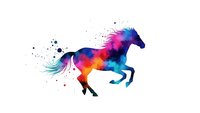 Colorful horse silhouette with vibrant paint splash effects in blue, purple, pink and orange hues on white background for creative design projects.