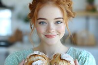 Young woman with red hair and freckles holding freshly baked bread rolls dusted with flour, wearing mint green dress, expressing joy and satisfaction in bright kitchen setting.