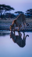 Spotted leopard drinking from water hole at dusk with acacia trees in savanna landscape, wildlife photography for nature and animal content.