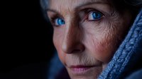 Senior Caucasian woman with striking blue eyes and weathered skin wearing knitted scarf against dark background. Portrait captures wisdom and life experience.