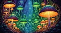 Bioluminescent mushrooms glowing in vibrant colors of orange, yellow, and green in a mystical underground forest environment with atmospheric lighting effects.