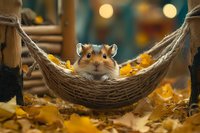 Adorable hamster relaxing in tiny rope hammock surrounded by golden autumn leaves, with warm bokeh lights creating cozy atmosphere for seasonal decor.