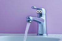 Chrome bathroom faucet with cartoon eyes and running water against purple background, creating playful personification for plumbing or water conservation concepts.