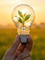 Hand holding light bulb with green plant inside and solar panels symbols representing sustainable energy innovation and eco-friendly technology solutions.
