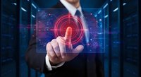 Businessman touching digital interface with red target circles and network connections in futuristic data center environment for technology presentations.