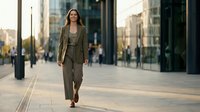 Professional woman in olive blazer and matching trousers walking confidently down urban street with modern buildings, suitable for business, corporate, and professional lifestyle content.