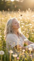 Peaceful senior woman with gray hair sitting in wildflower meadow surrounded by butterflies during golden hour sunset, eyes closed in serene meditation.