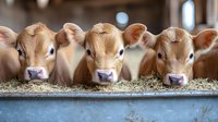 Young dairy calves eating hay at feeding trough in modern barn. Agricultural livestock farming concept for organic milk production and cattle breeding industry.