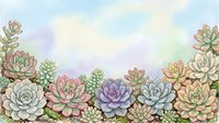 Succulent plants in various colors arranged in a row against a soft watercolor sky background, isolated on white for design use on merchandise and promotional materials.